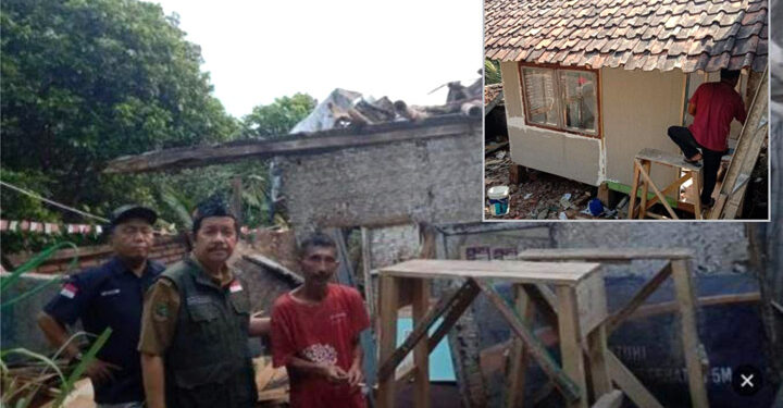 Aparat Desa Cileunyi Kulon saat meninjau rumah Agung yang ambruk. Insert; Kediaman darurat Agung. (foto: istimewa)